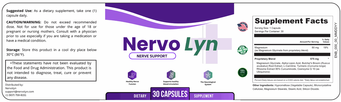 The printed NervoLyn bottle label showing the Supplement Facts panel, suggested use and warnings